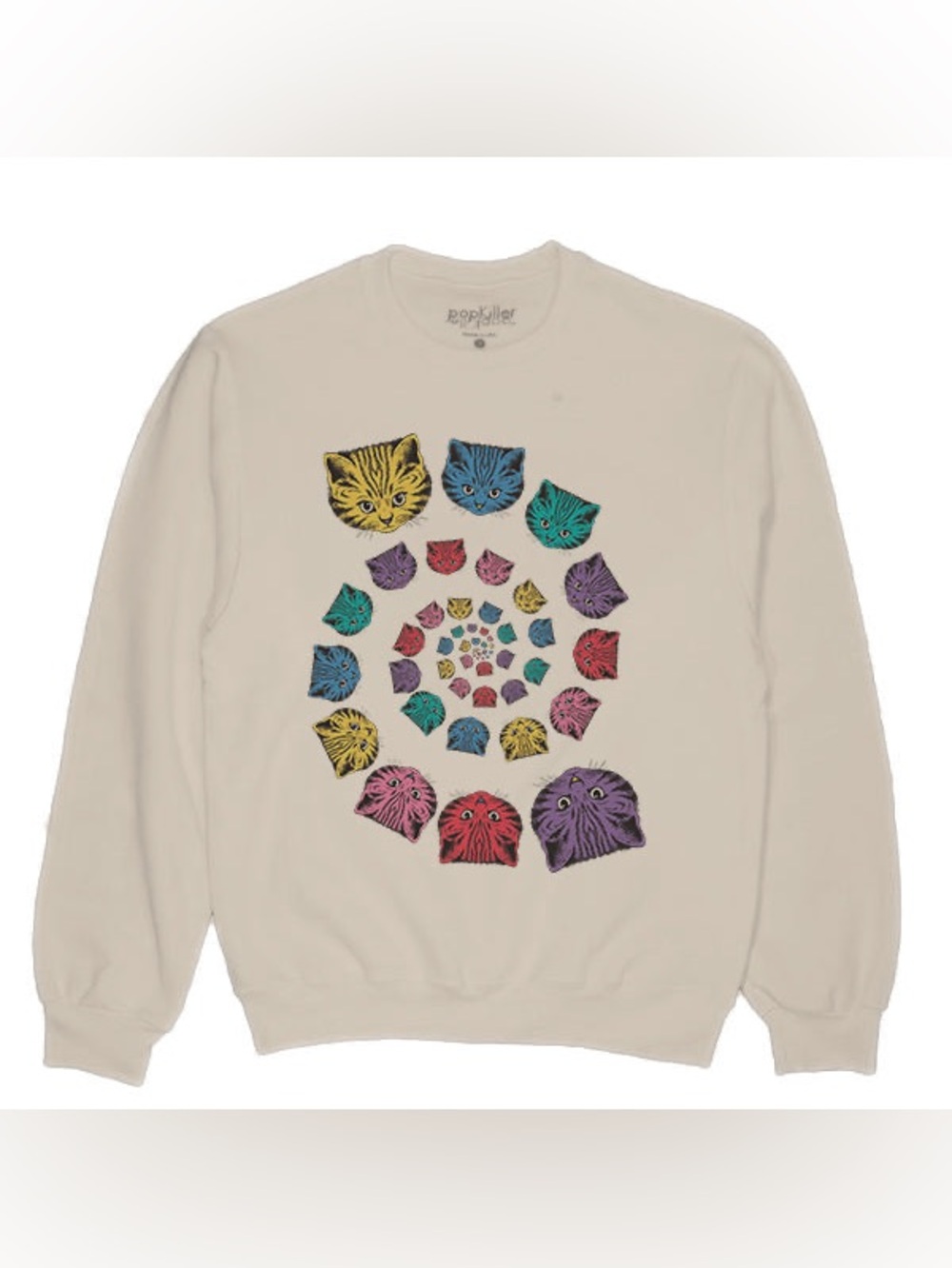 Pop Killer Spiral Cats Pullover Crewneck Sweatshirt Sand Tan Kitty Cat Large - Picture 7 of 8